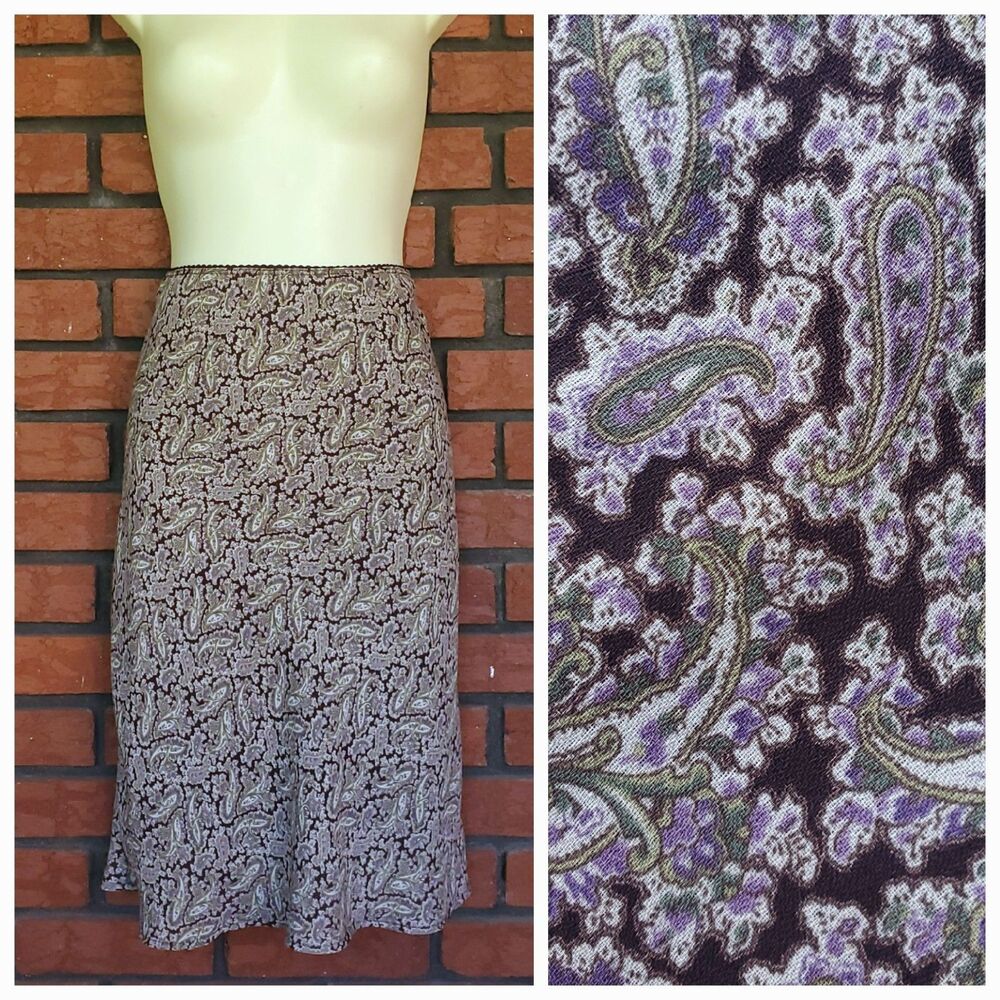 Vintage 80s Paisley Floral Midi Skirt Sz M Brown Lined Pull On Office Career